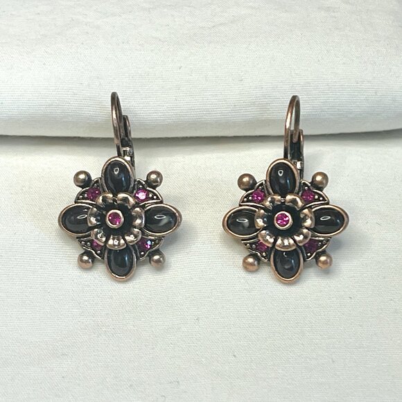 Joan Rivers Earrings * Copper Tone w/ Purple & Pink Rhinestones * Vintage * 1" - Picture 4 of 6